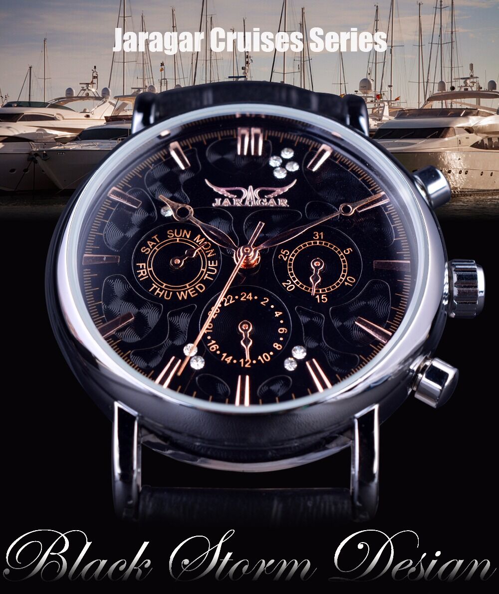 Jaragar Automatic Swirl Three Dial Black Men Watch 26 Jaragar Automatic Swirl Three Dial Black Men Watch