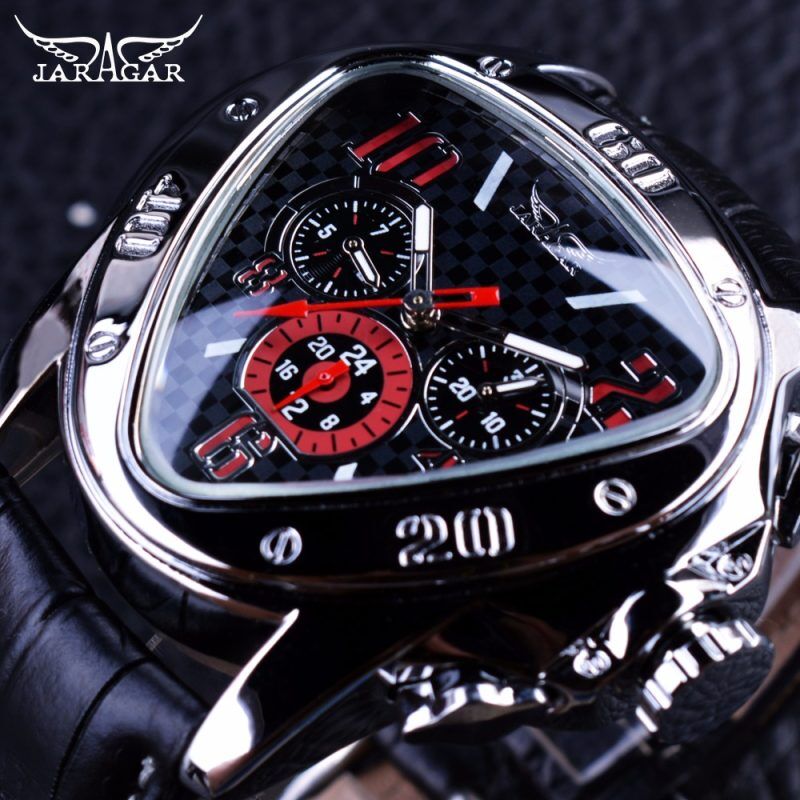 Montre Automatique Jaragar - Boîtier Acier Inox 44mm, Cadran Noir, Bracelet Cuir - Homme