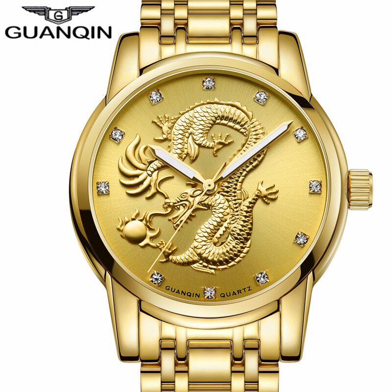 GUANQIN Men Gold Dragon Sculpture Quartz Watch 40 GUANQIN Men Gold Dragon Sculpture Quartz Watch