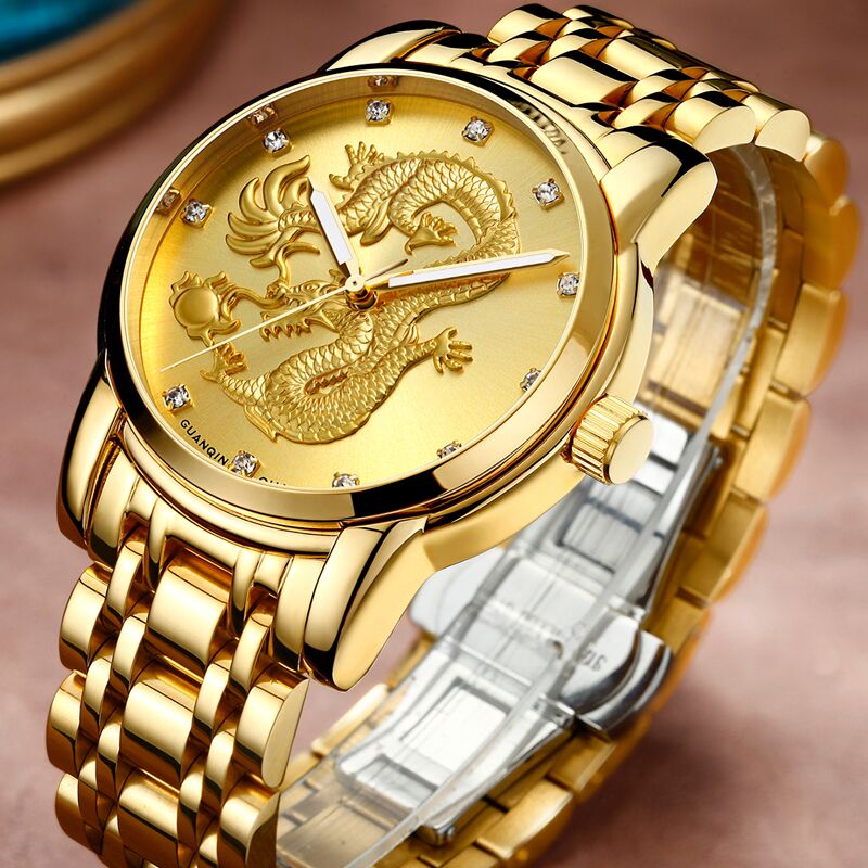 GUANQIN Men Gold Dragon Sculpture Quartz Watch 41 GUANQIN Men Gold Dragon Sculpture Quartz Watch