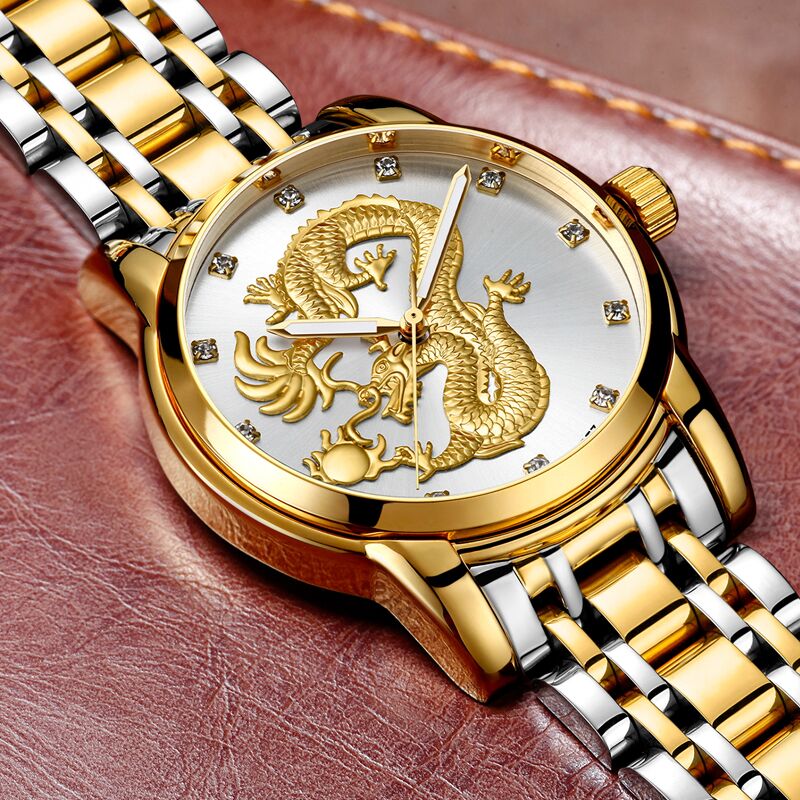 GUANQIN Men Gold Dragon Sculpture Quartz Watch 42 GUANQIN Men Gold Dragon Sculpture Quartz Watch